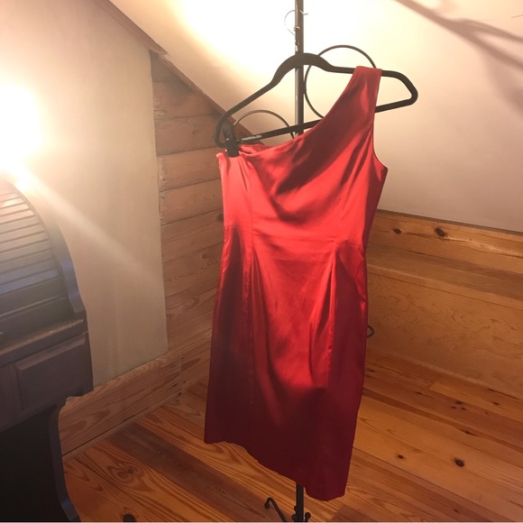 Calvin Klein Red Satin Off the Shoulder Dress, EUC, 8 - Picture 2 of 15